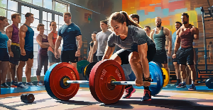 A young powerlifter performing a deadlift in a gym, surrounded by colorful weights and cheering teammates, with natural light illuminating the scene.