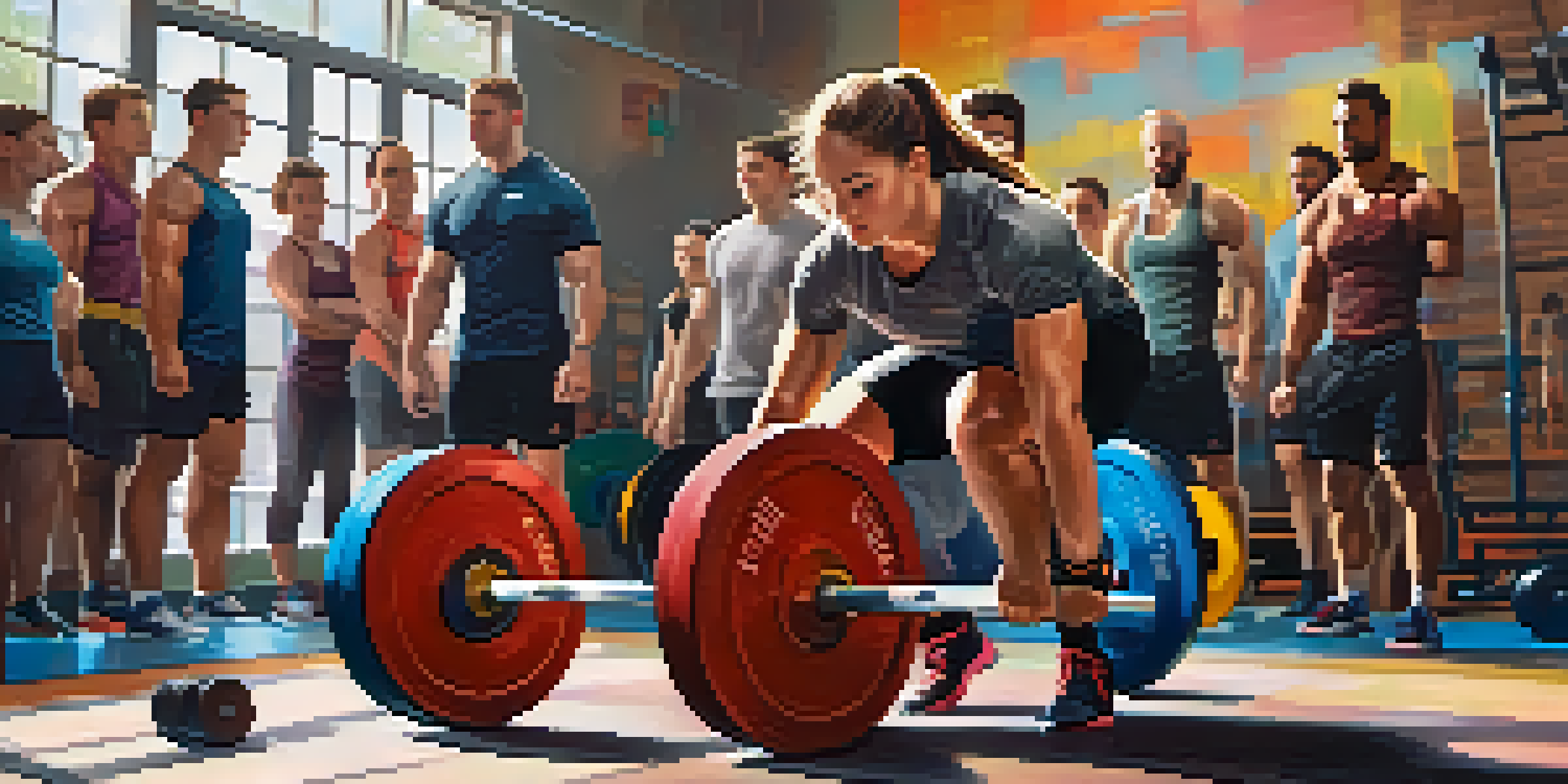 A young powerlifter performing a deadlift in a gym, surrounded by colorful weights and cheering teammates, with natural light illuminating the scene.