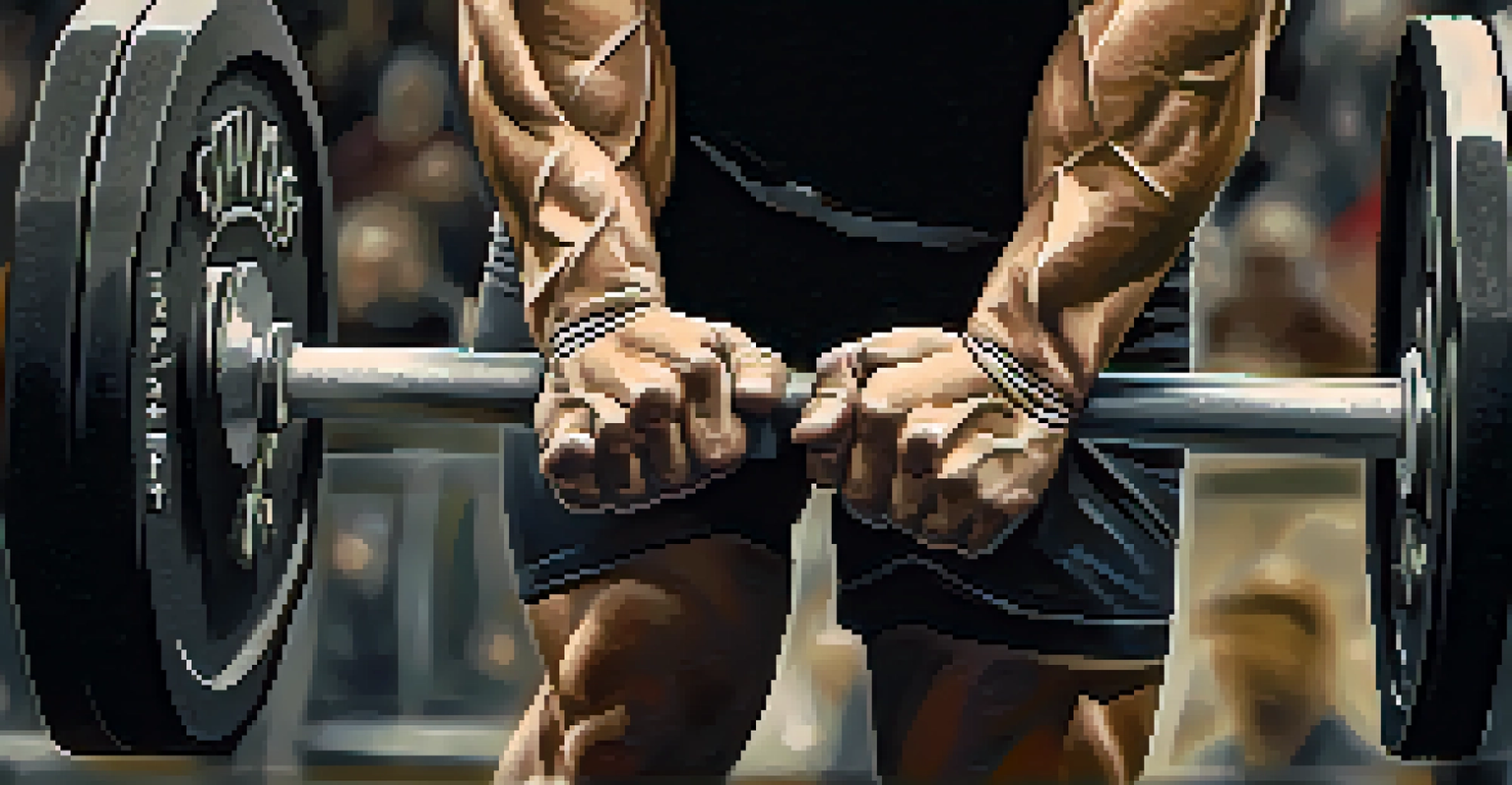 Close-up of a powerlifting athlete’s hands gripping a barbell, emphasizing strength and focus.