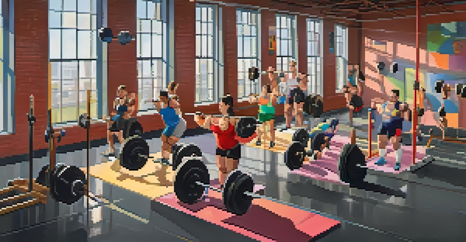 A diverse group of powerlifters engaged in a workout session, lifting weights with bright natural light streaming in from windows.