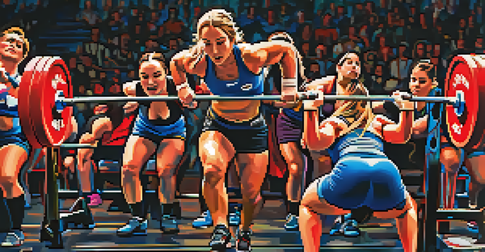 A female powerlifter performing a squat with a loaded barbell in a lively competition setting, surrounded by cheering spectators and federation banners.