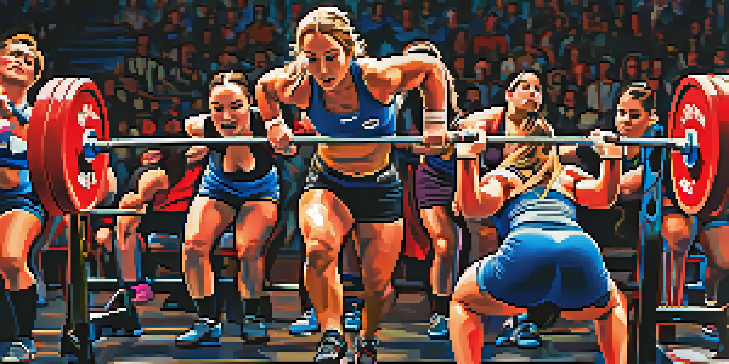 A female powerlifter performing a squat with a loaded barbell in a lively competition setting, surrounded by cheering spectators and federation banners.