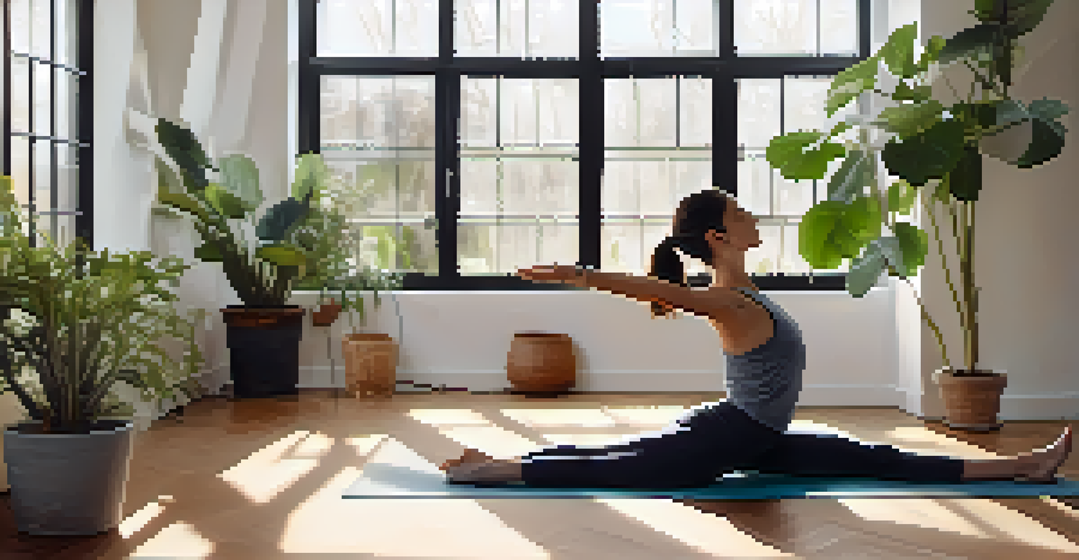 Person stretching shoulders and chest with a resistance band on a yoga mat in a bright, calming room.