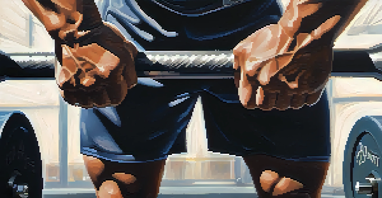 Close-up of a powerlifter's hands gripping a chalked barbell, emphasizing strength and determination.