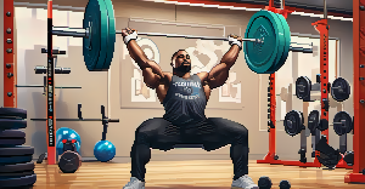 A powerlifter recording their lifting session for social media, with gym equipment and a laptop in a bright, motivational setting.