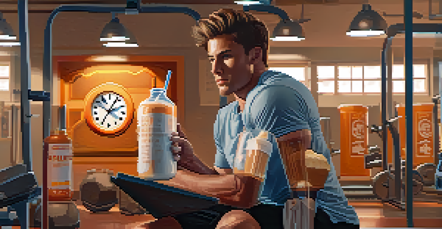 An athlete in a gym, holding a protein shake while checking a clock, surrounded by gym equipment.