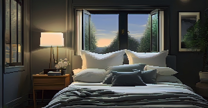 A peaceful and calming bedroom with soft bedding and dim lighting, designed to promote restful sleep.