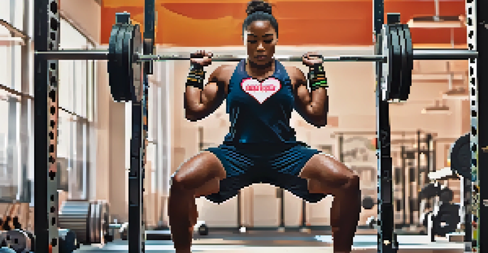 A focused powerlifting athlete using a smart band to monitor heart rate, with gym equipment and motivational posters in the background.