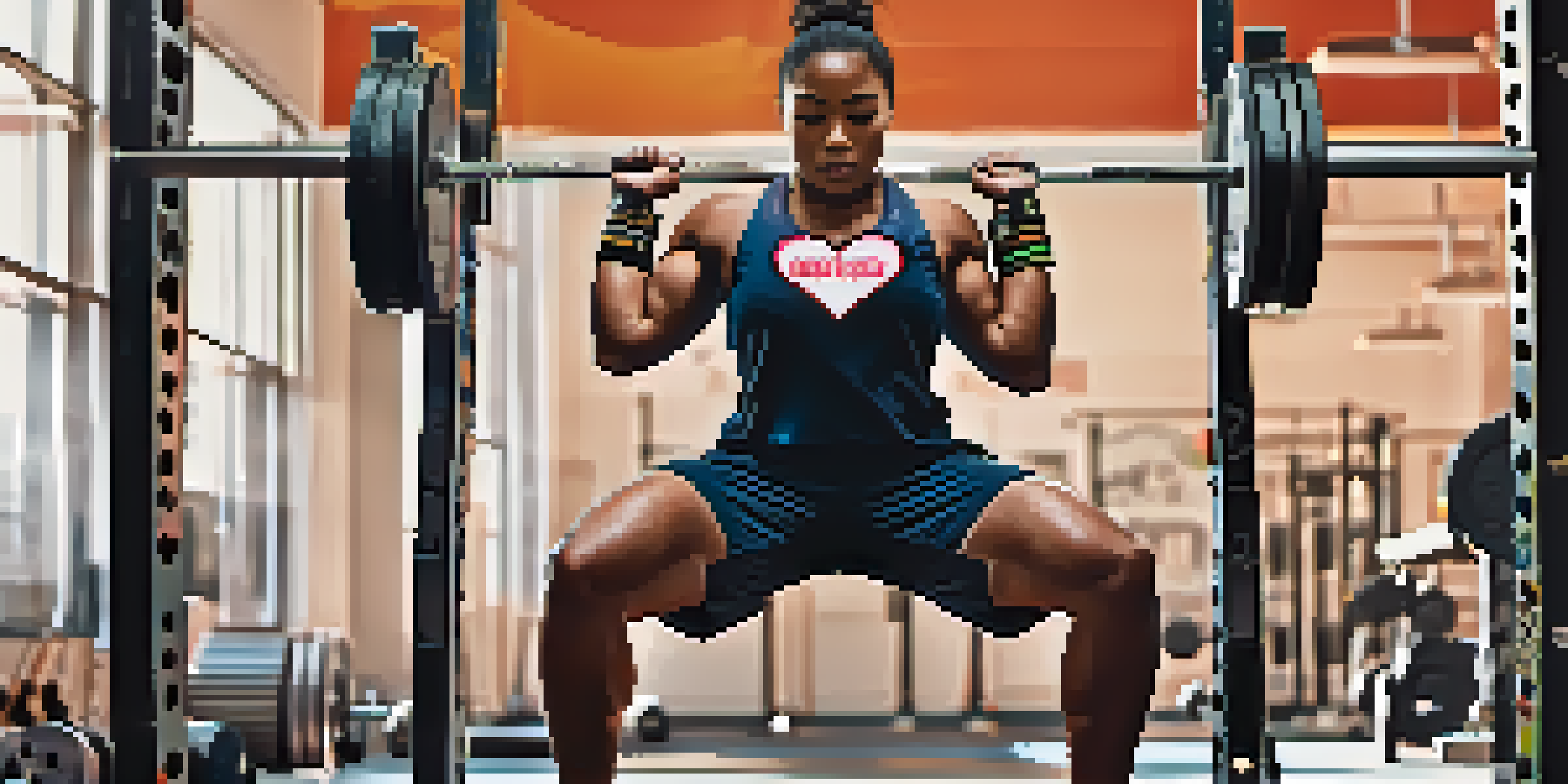 A focused powerlifting athlete using a smart band to monitor heart rate, with gym equipment and motivational posters in the background.