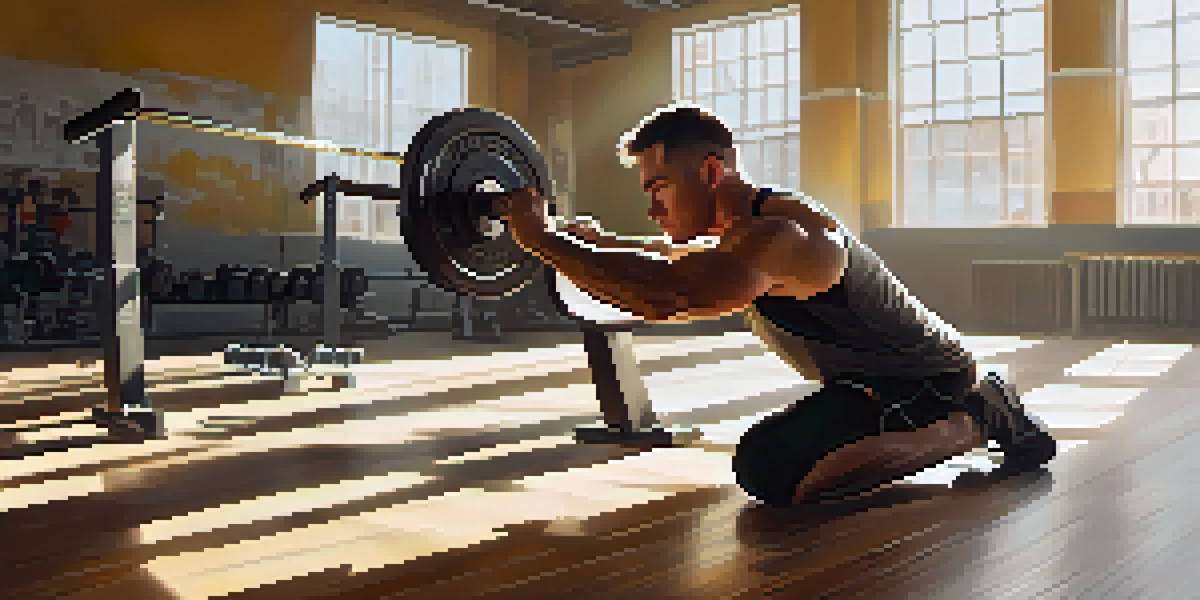 A powerlifter doing dynamic stretches in a well-lit gym, emphasizing ankle mobility in a squat position.