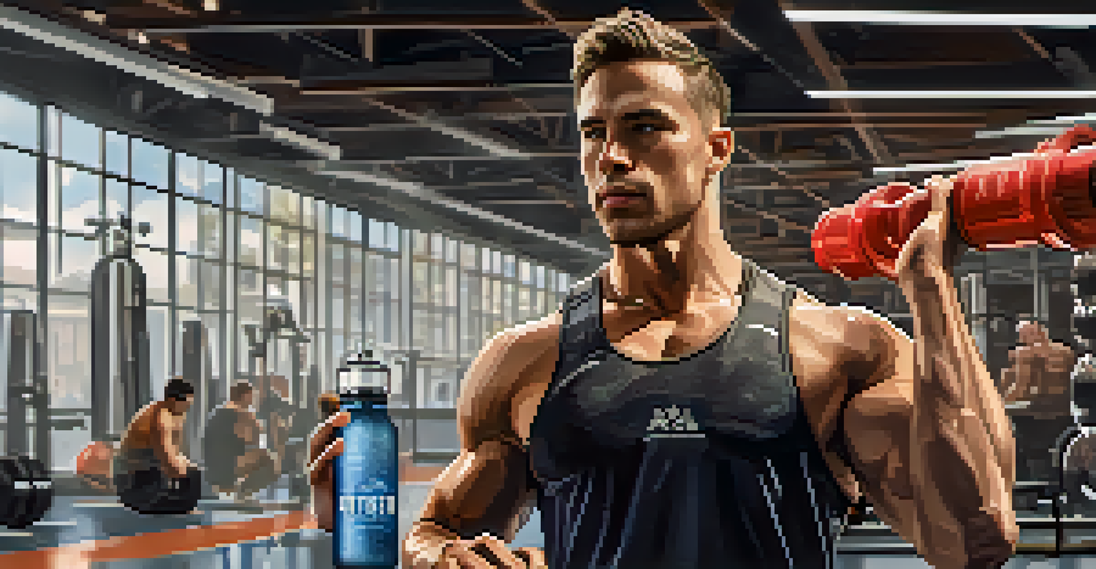 An athlete drinking water after a workout in a gym, with weightlifting equipment in the background.