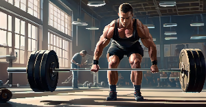 A powerlifter deadlifting heavy weights in a well-equipped gym, with warm lighting emphasizing their focus and determination.