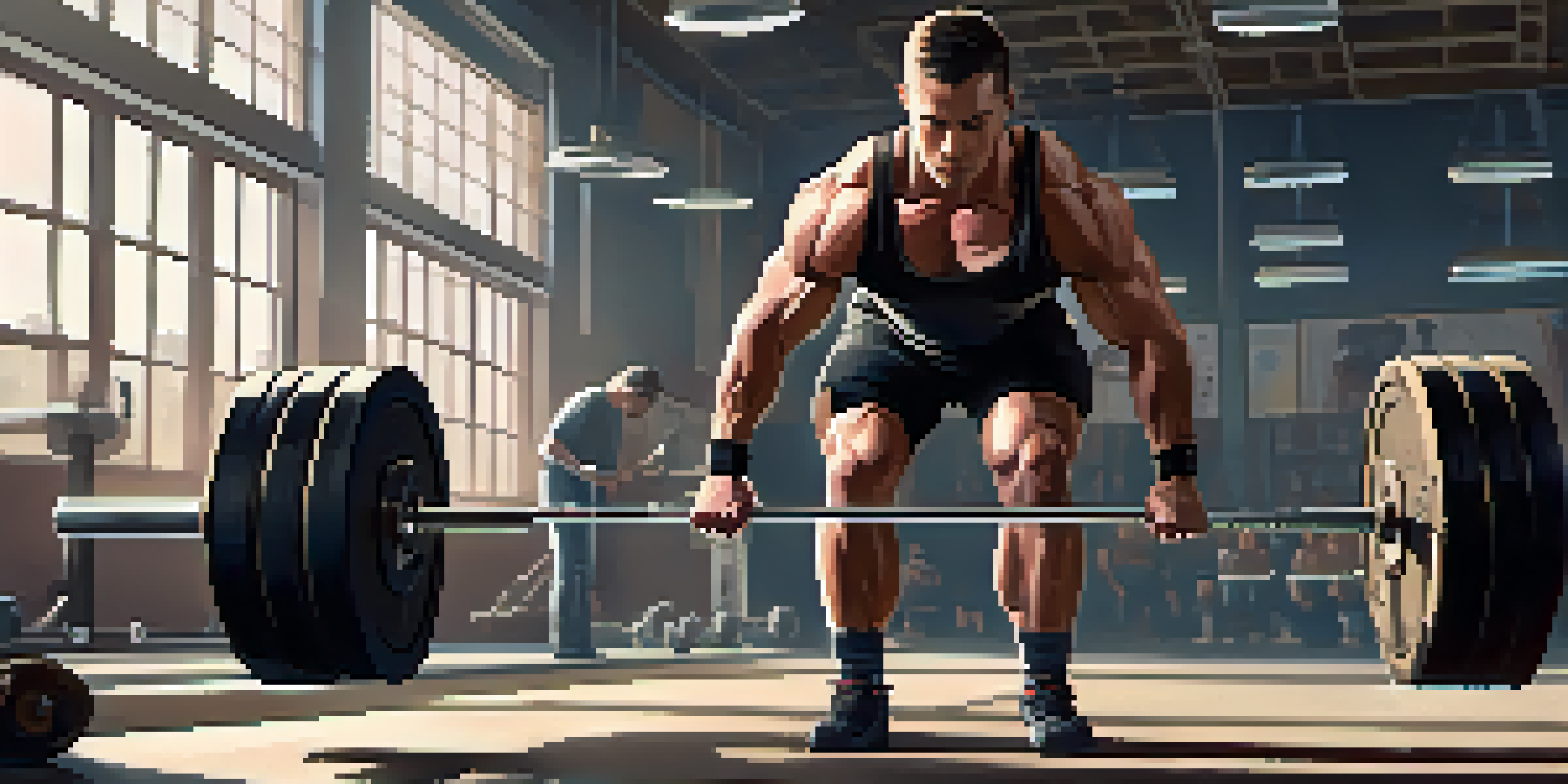 A powerlifter deadlifting heavy weights in a well-equipped gym, with warm lighting emphasizing their focus and determination.