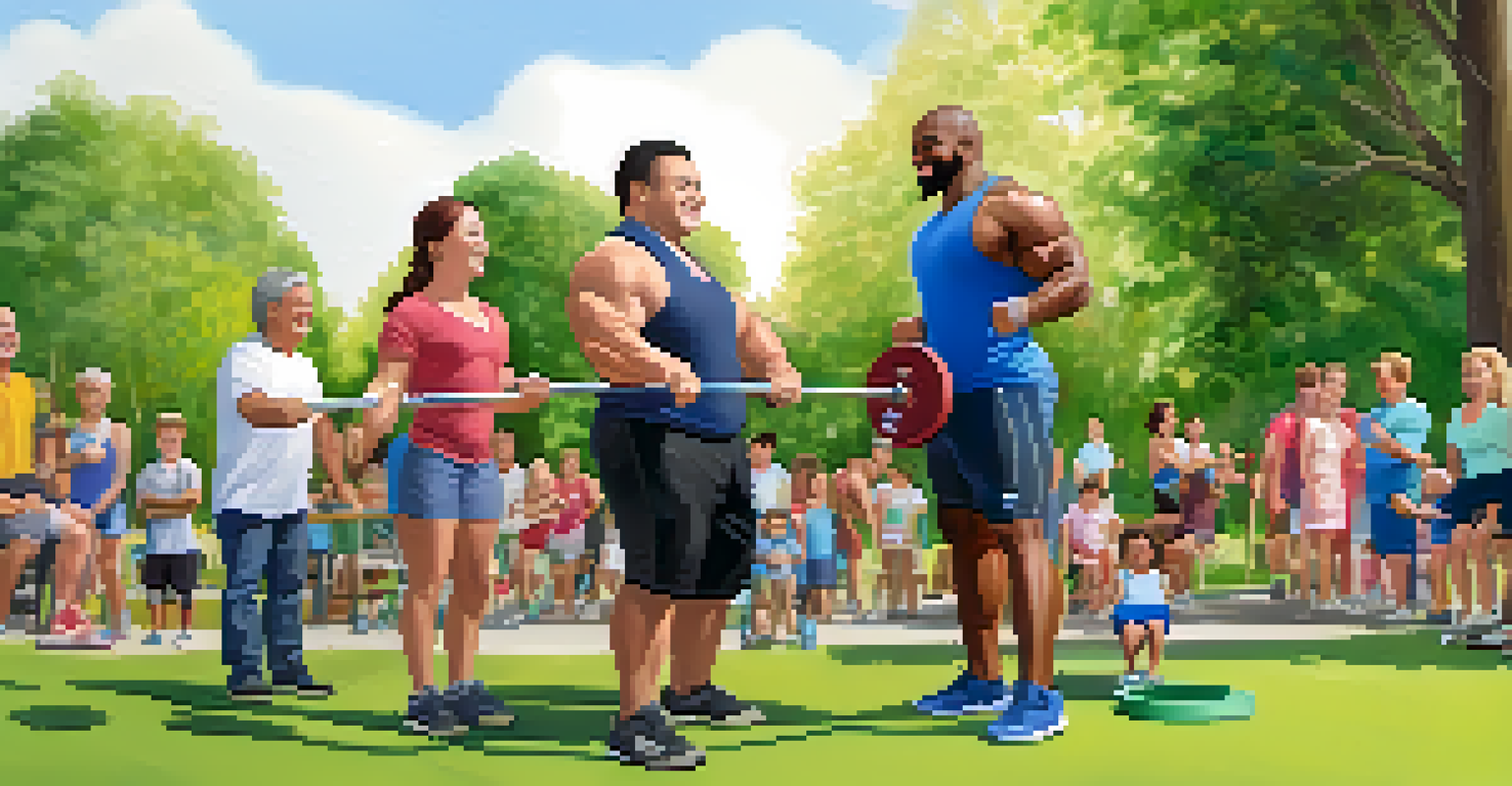 A family lifting weights outdoors at a park, with children and parents smiling and encouraging each other.