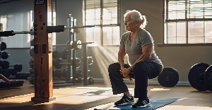 An older adult performing a squat with a chair for support in a bright gym, emphasizing proper form and technique.