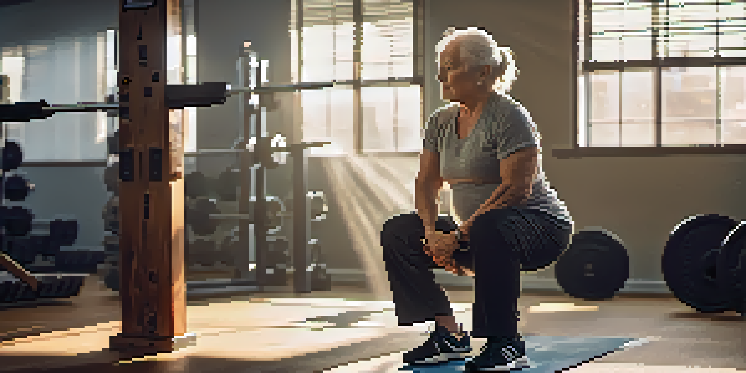 An older adult performing a squat with a chair for support in a bright gym, emphasizing proper form and technique.