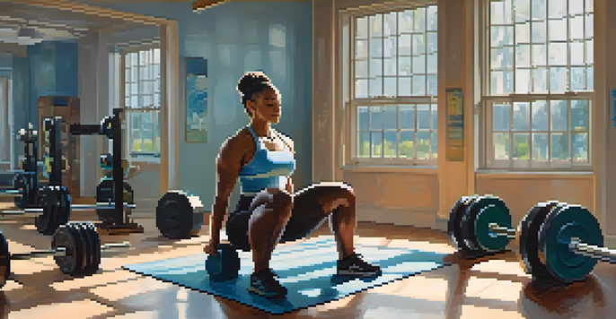 A powerlifter in a gym practicing mindfulness, sitting cross-legged on the floor with weights around and soft natural light.
