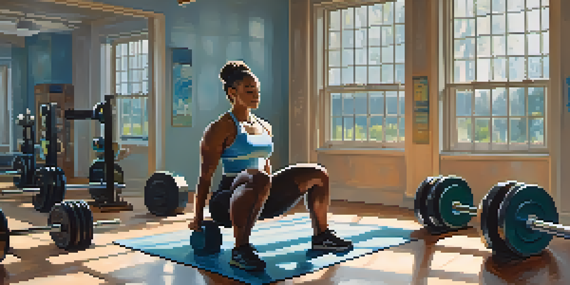 A powerlifter in a gym practicing mindfulness, sitting cross-legged on the floor with weights around and soft natural light.