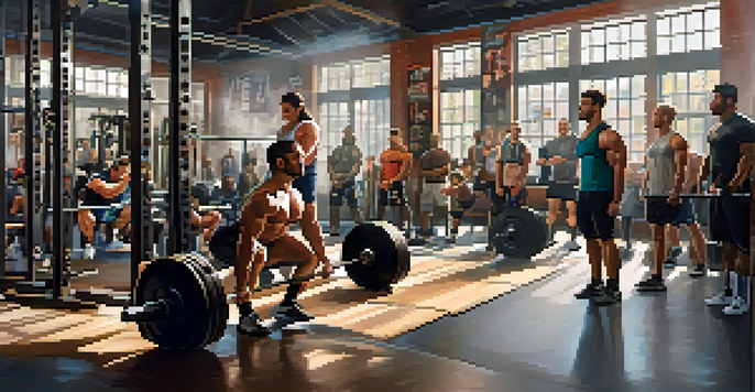 A diverse group of lifters training in a gym, featuring a lifter squatting heavy weights with intense focus under natural lighting.