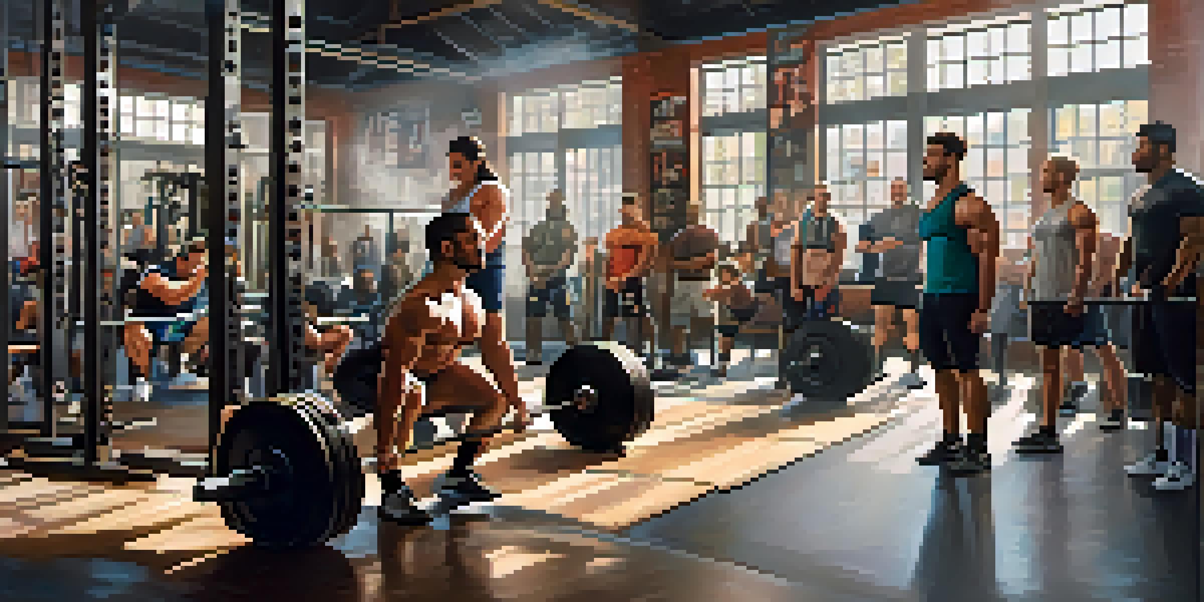 A diverse group of lifters training in a gym, featuring a lifter squatting heavy weights with intense focus under natural lighting.