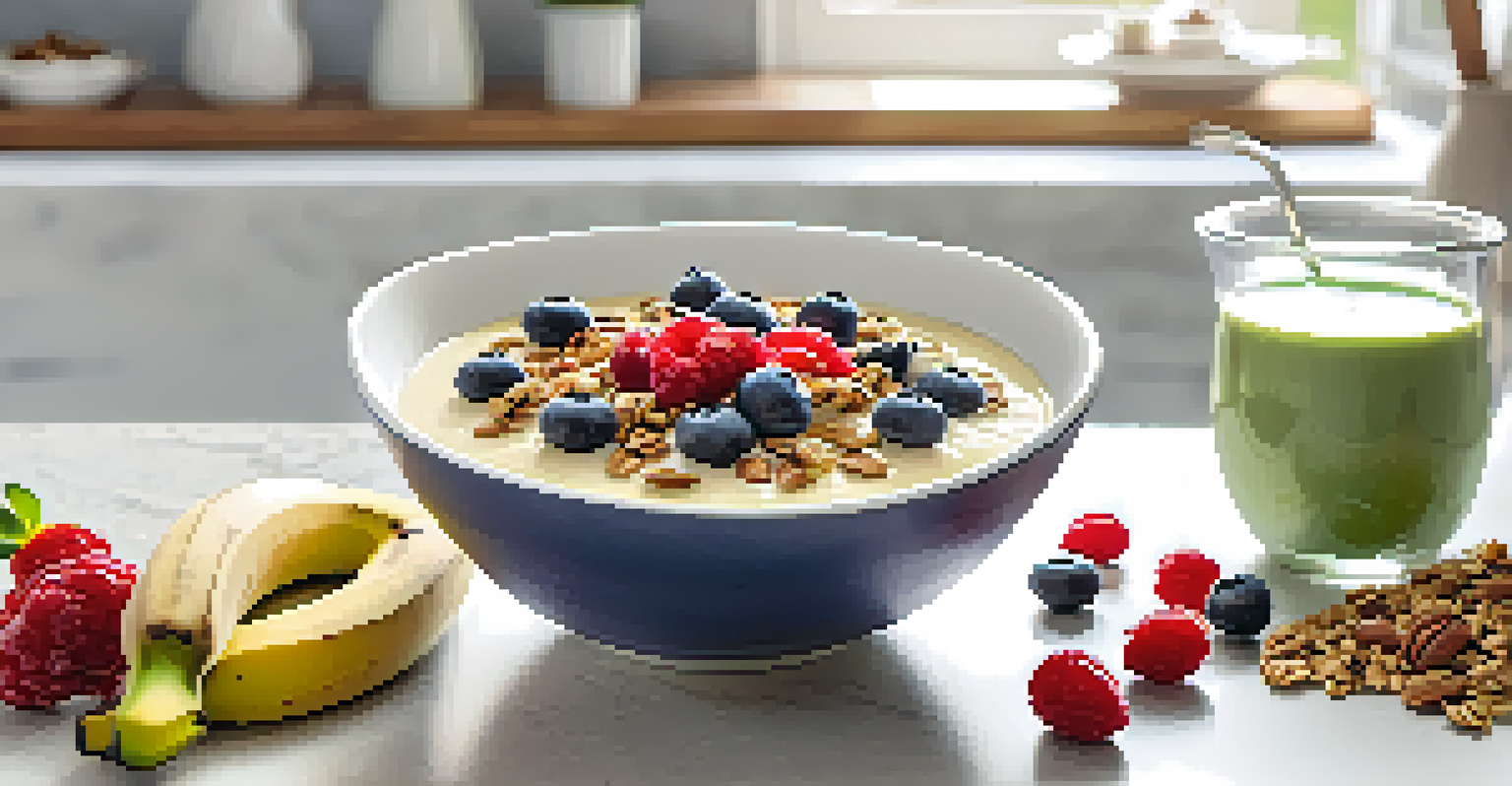 A colorful smoothie bowl with yogurt, bananas, and berries garnished with granola and nuts on a kitchen countertop.