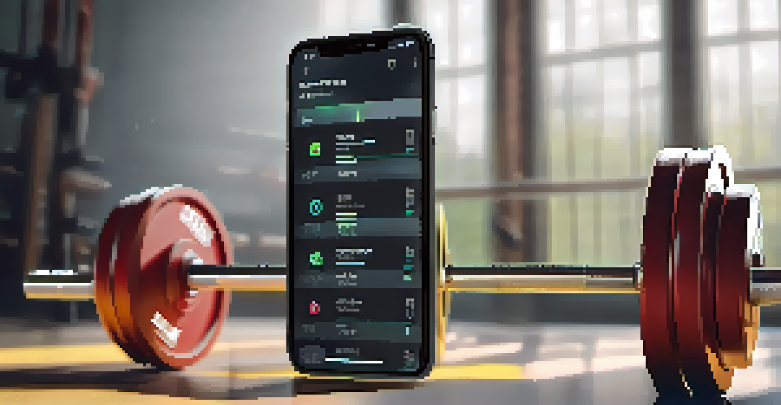 A close-up of a loaded barbell with a smartphone showing a performance tracking app.