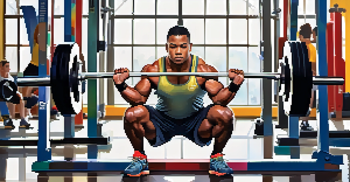 A focused powerlifter doing dynamic stretches in a brightly lit gym, surrounded by gym equipment and motivational posters.