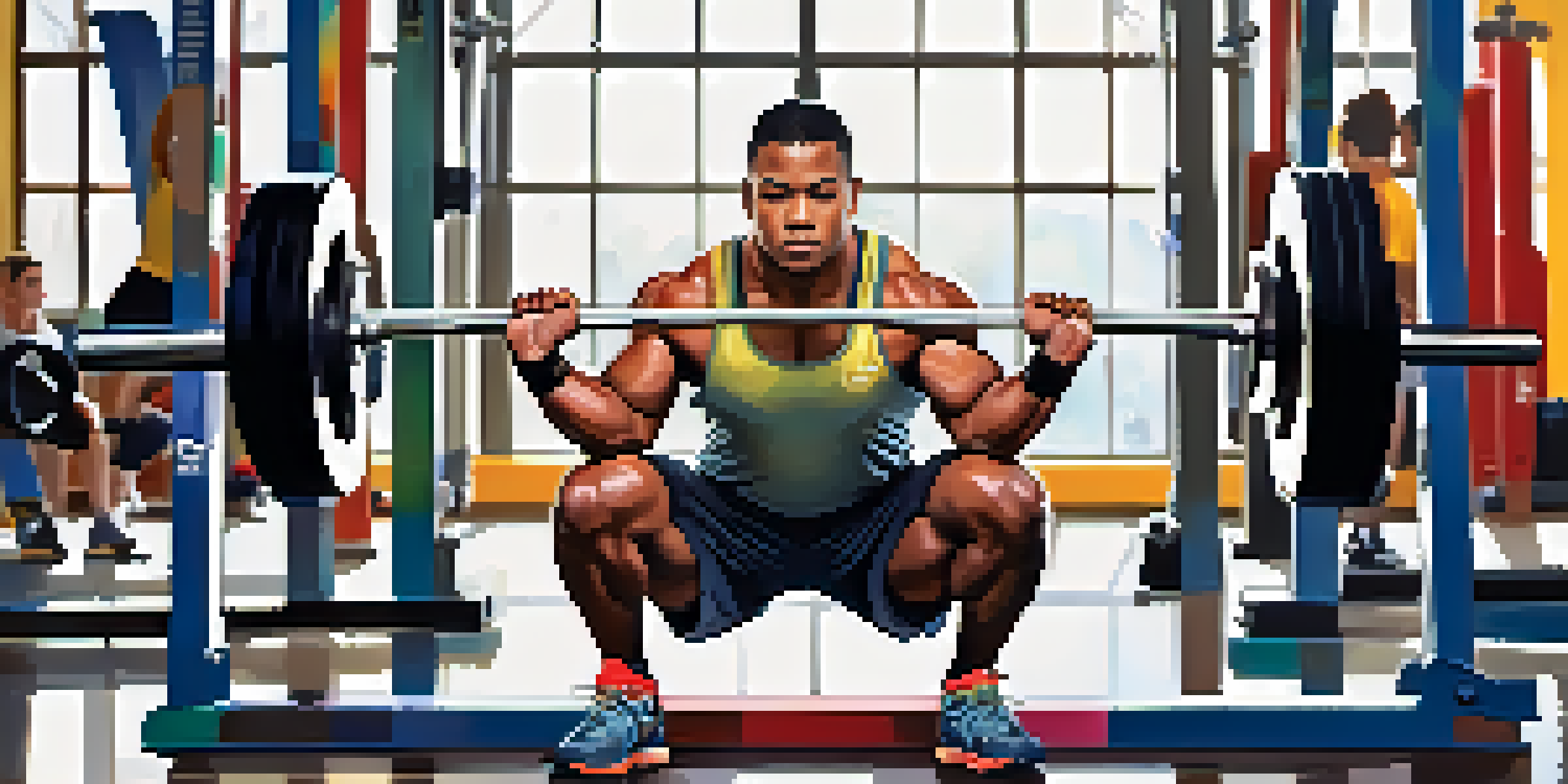 A focused powerlifter doing dynamic stretches in a brightly lit gym, surrounded by gym equipment and motivational posters.