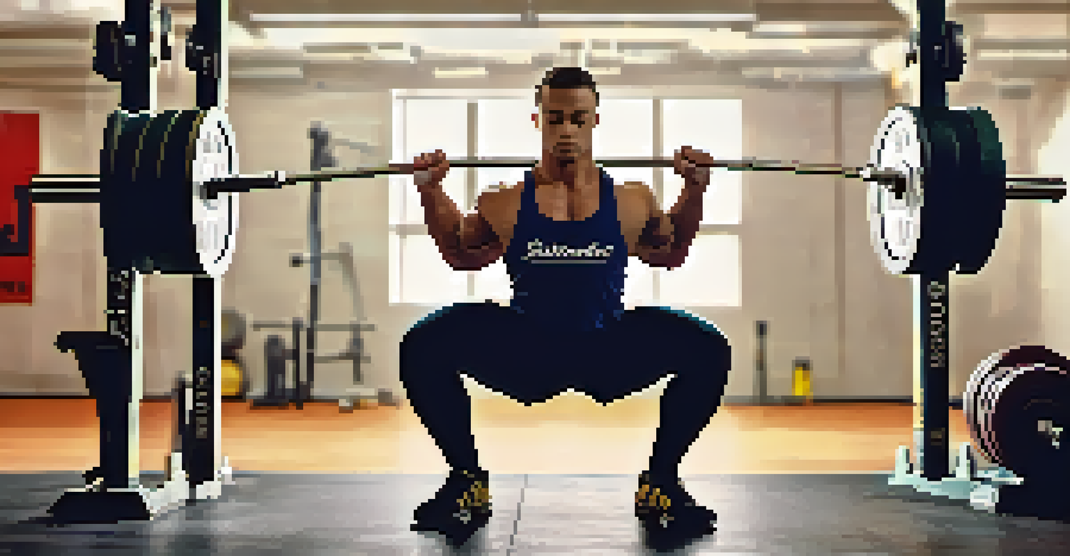 A powerlifter squatting in a gym, surrounded by weightlifting equipment, demonstrating focus and determination.