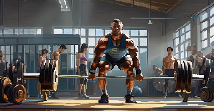 A powerlifter lifting weights in a gym, showcasing determination and strength, with gym equipment and motivational posters in the background.