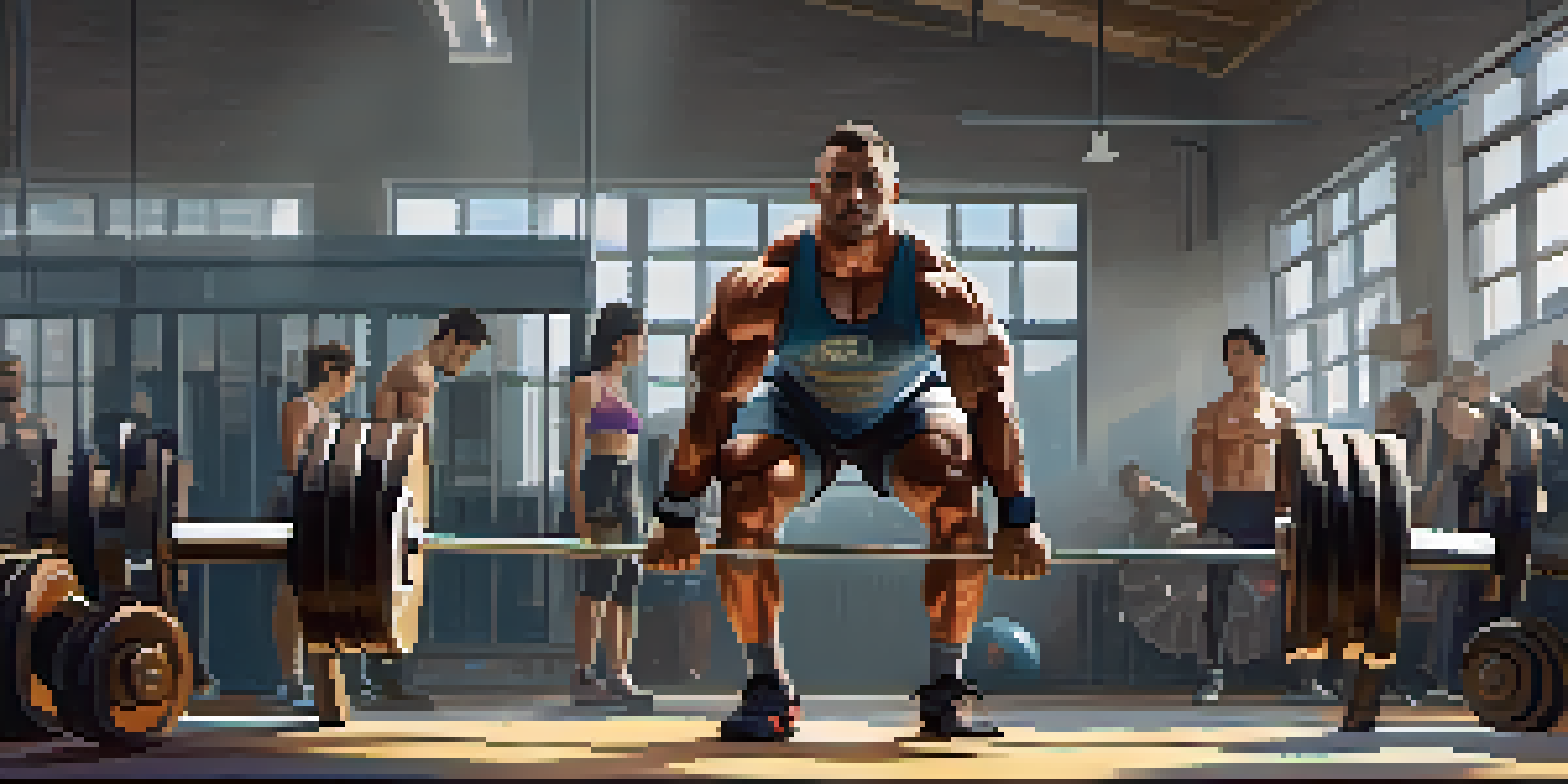 A powerlifter lifting weights in a gym, showcasing determination and strength, with gym equipment and motivational posters in the background.