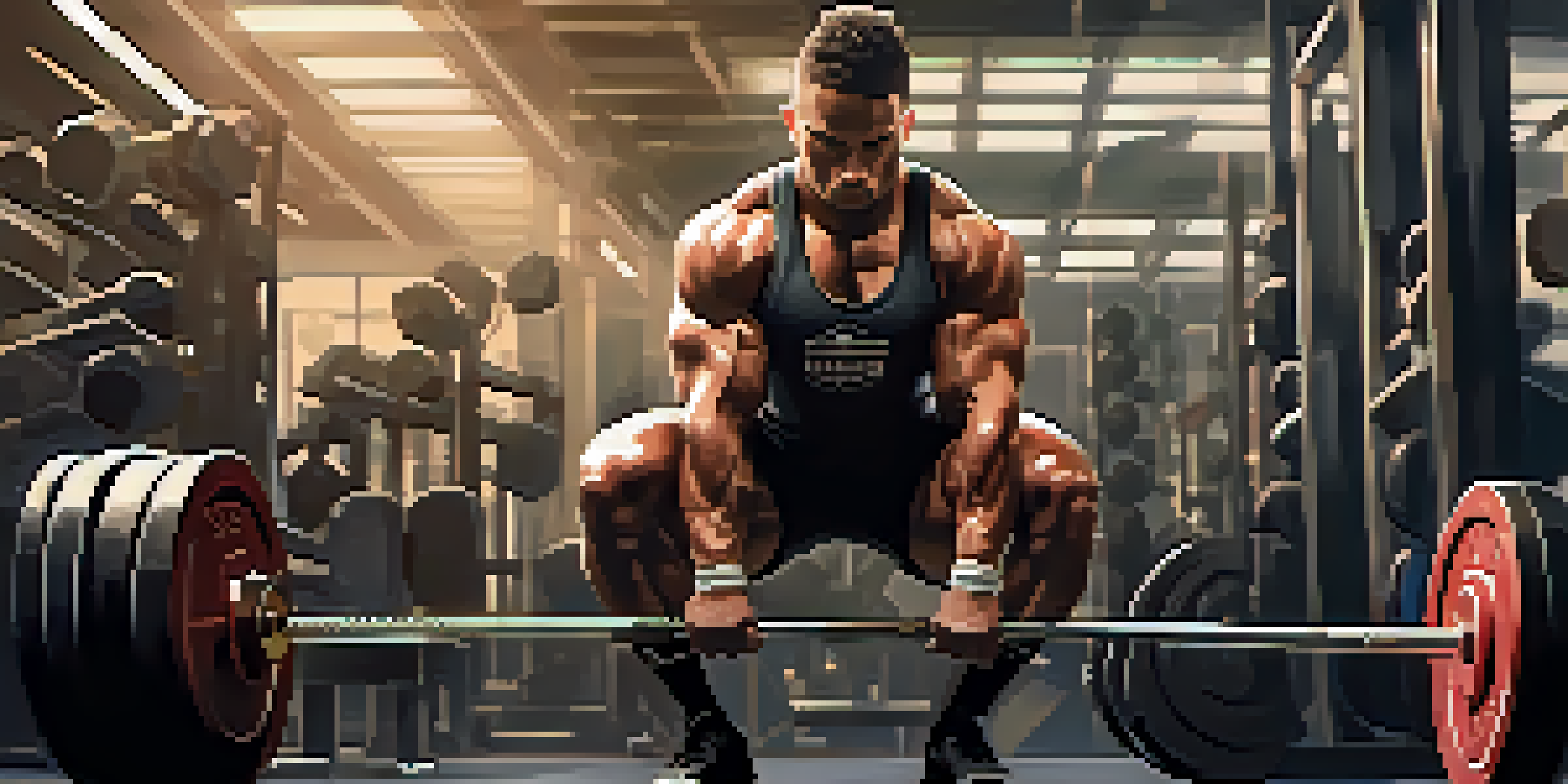 A focused powerlifter getting ready for a heavy lift in a well-lit gym, surrounded by equipment and motivational posters.