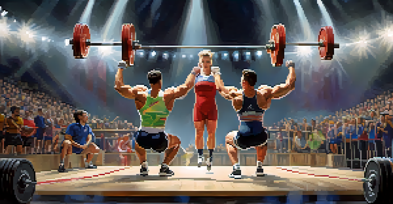 Two Olympic weightlifters are competing in a snatch lift at a competition, displaying technique and skill.
