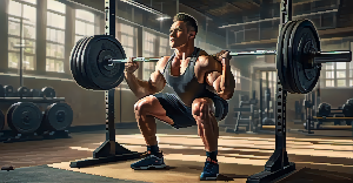A focused powerlifter squatting with heavy weights in a gym.
