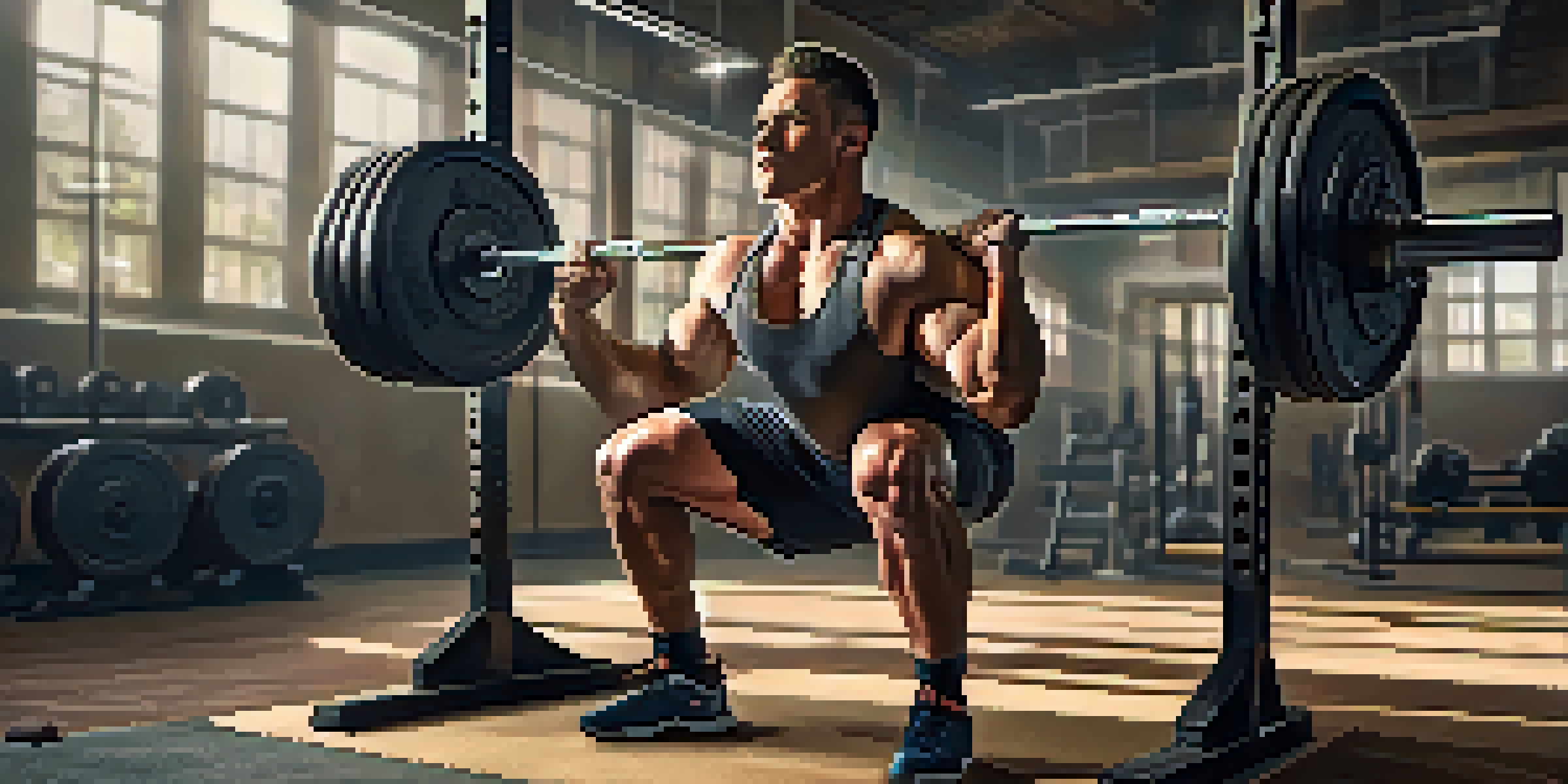 A focused powerlifter squatting with heavy weights in a gym.