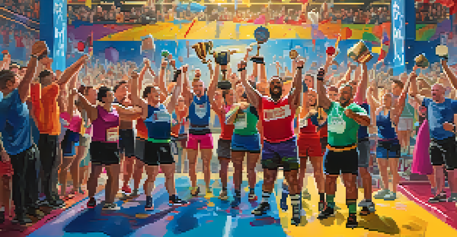 Participants celebrating in a powerlifting competition, holding trophies and medals with friends and family cheering, capturing the spirit of achievement.