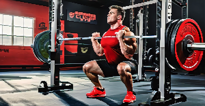 A powerlifter in a gym executing a squat with correct form, wearing a red lifting belt and black shorts.