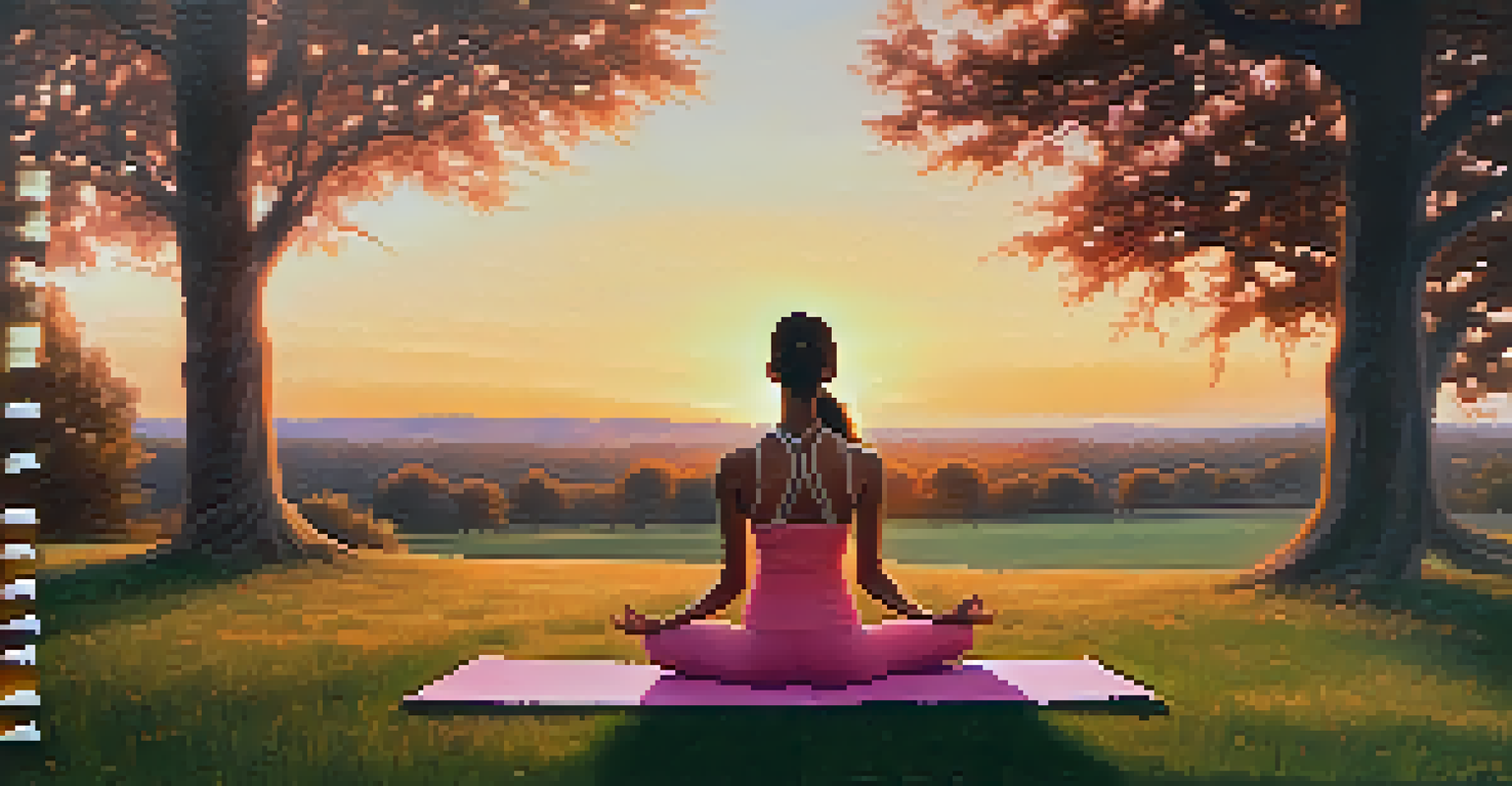 A person practicing yoga on a grassy field at sunset, surrounded by nature and soft light, creating a serene atmosphere.