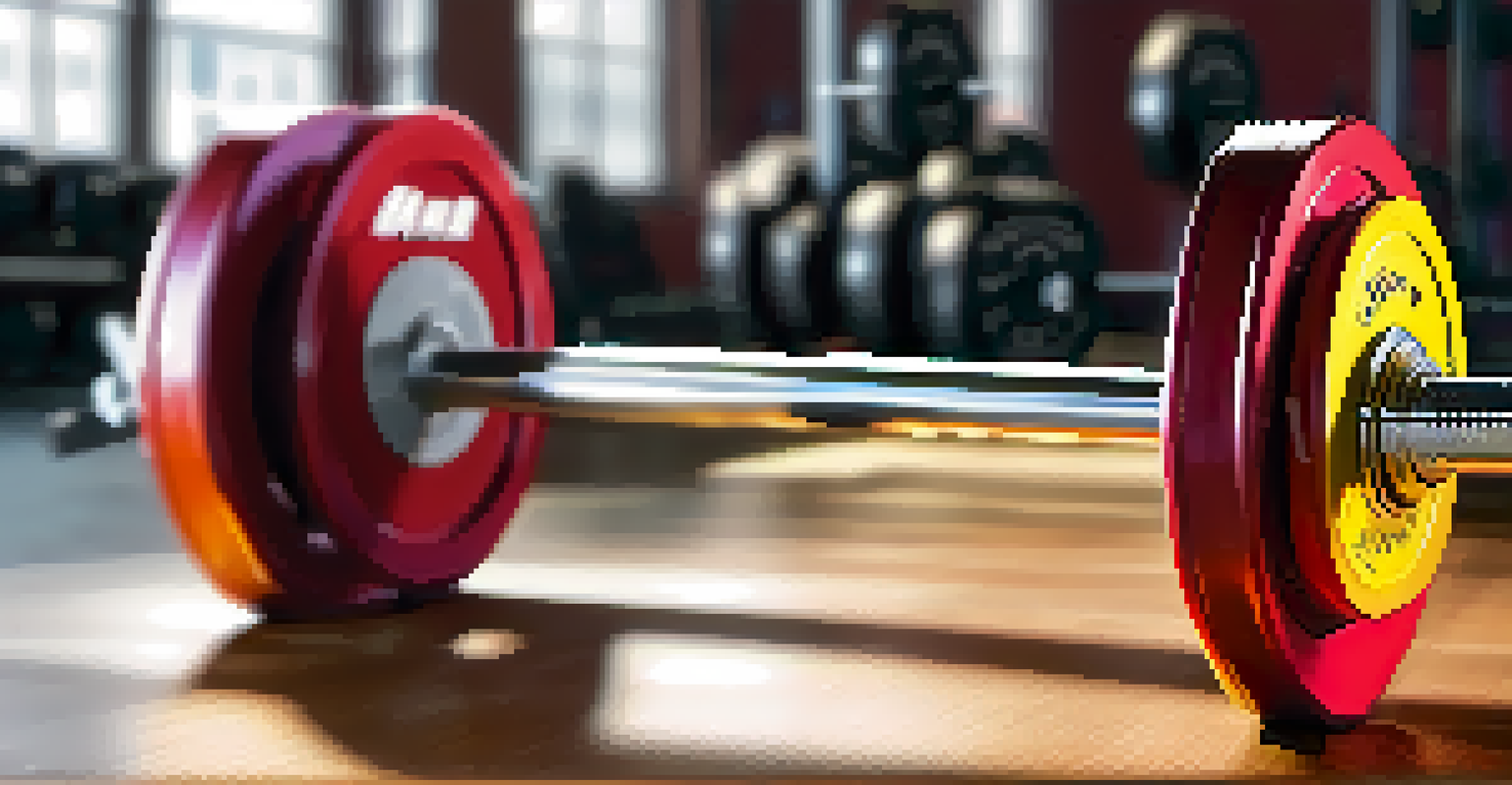 A close-up of a loaded powerlifting barbell on a bench in a gym, with a blurred background of gym equipment.