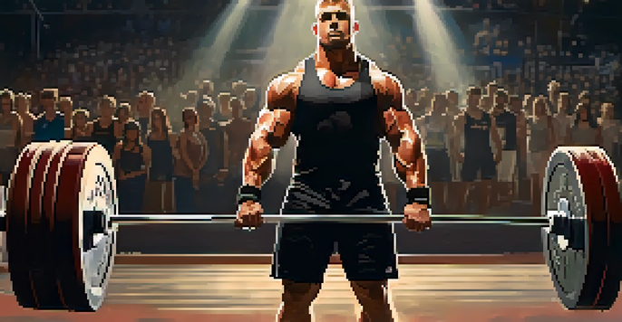 A powerlifter preparing to lift a barbell on a competition stage, with an audience in the background.