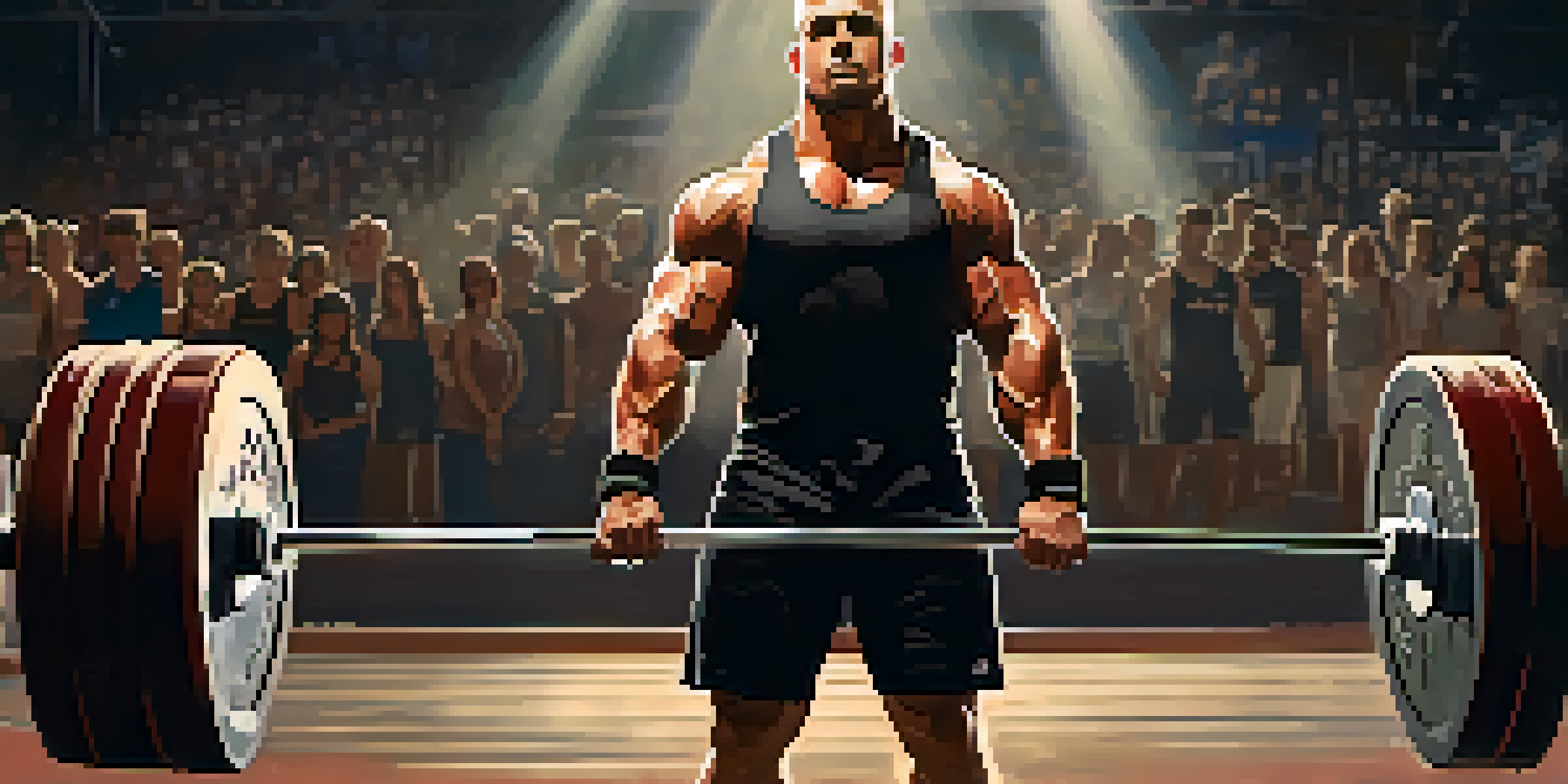 A powerlifter preparing to lift a barbell on a competition stage, with an audience in the background.