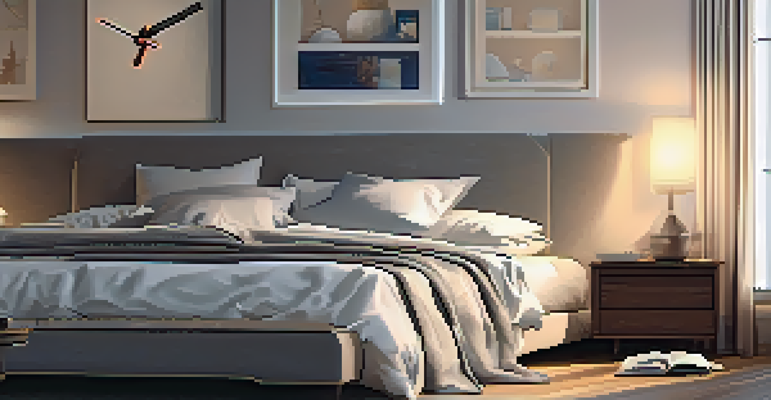 A cozy and serene bedroom with soft lighting, a comfortable bed, and a bedside table with a clock, emphasizing the importance of sleep for recovery.