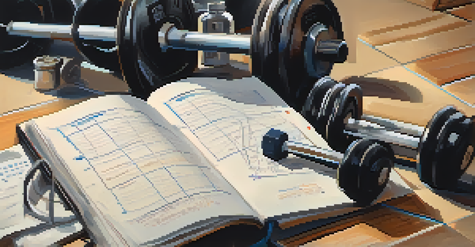A close-up of a training journal with notes and progress charts, alongside a barbell and a water bottle, symbolizing dedication.