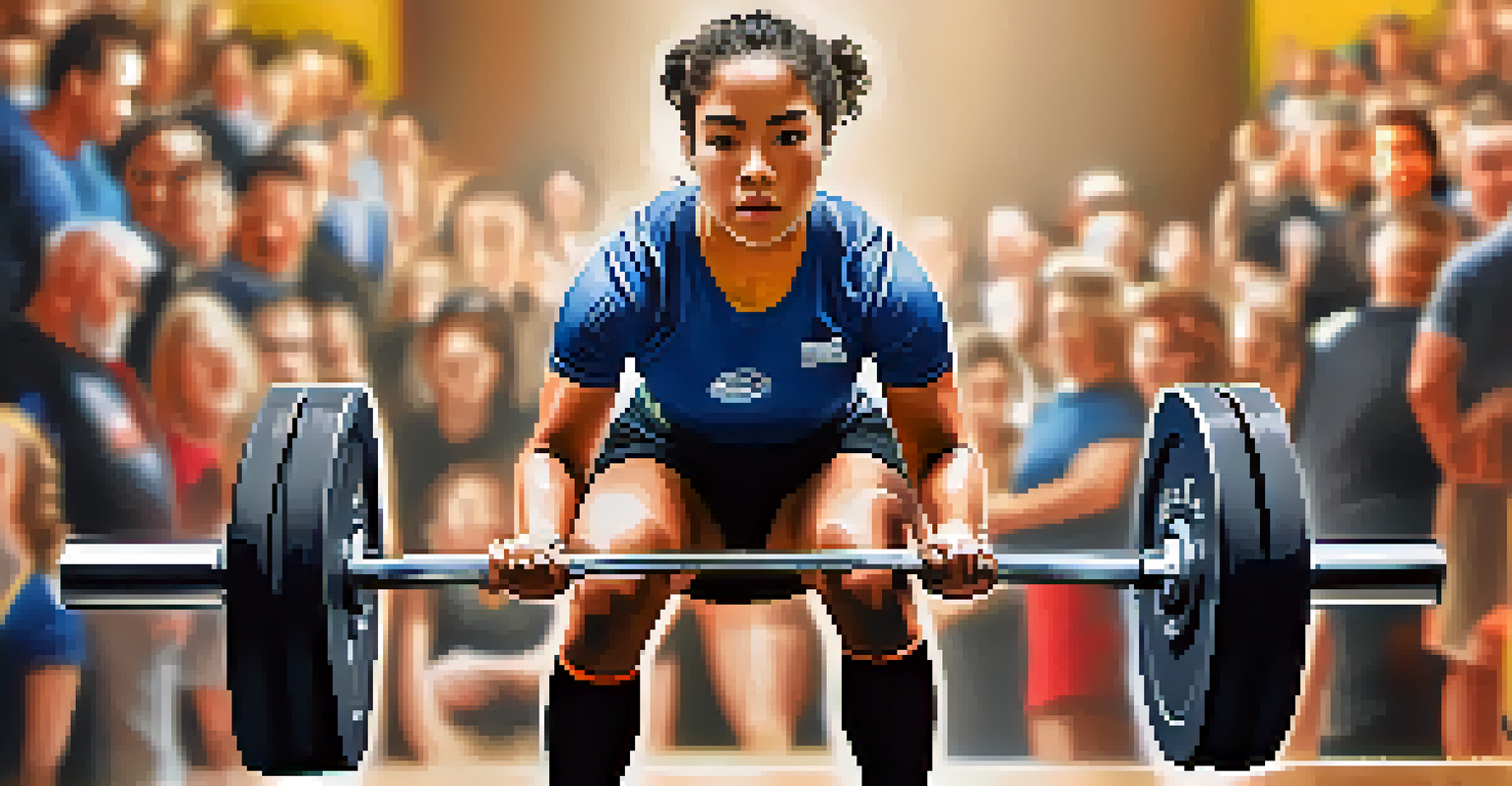 A focused athlete preparing to lift weights with chalked hands and a lifting belt at a charity event.