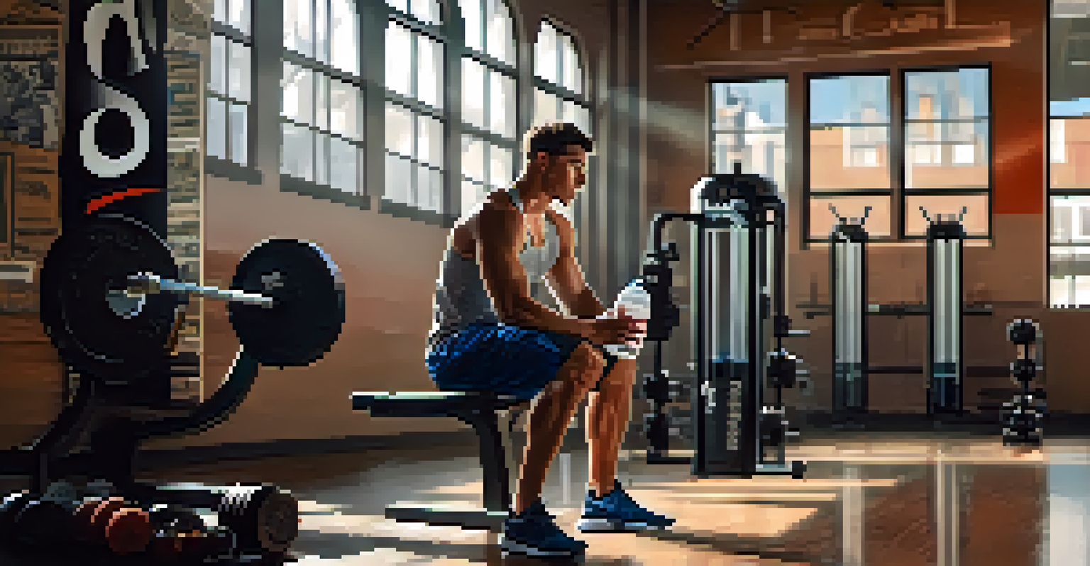 An athlete in a gym drinking water from a bottle after a workout, with gym equipment and motivational posters in the background, emphasizing determination.