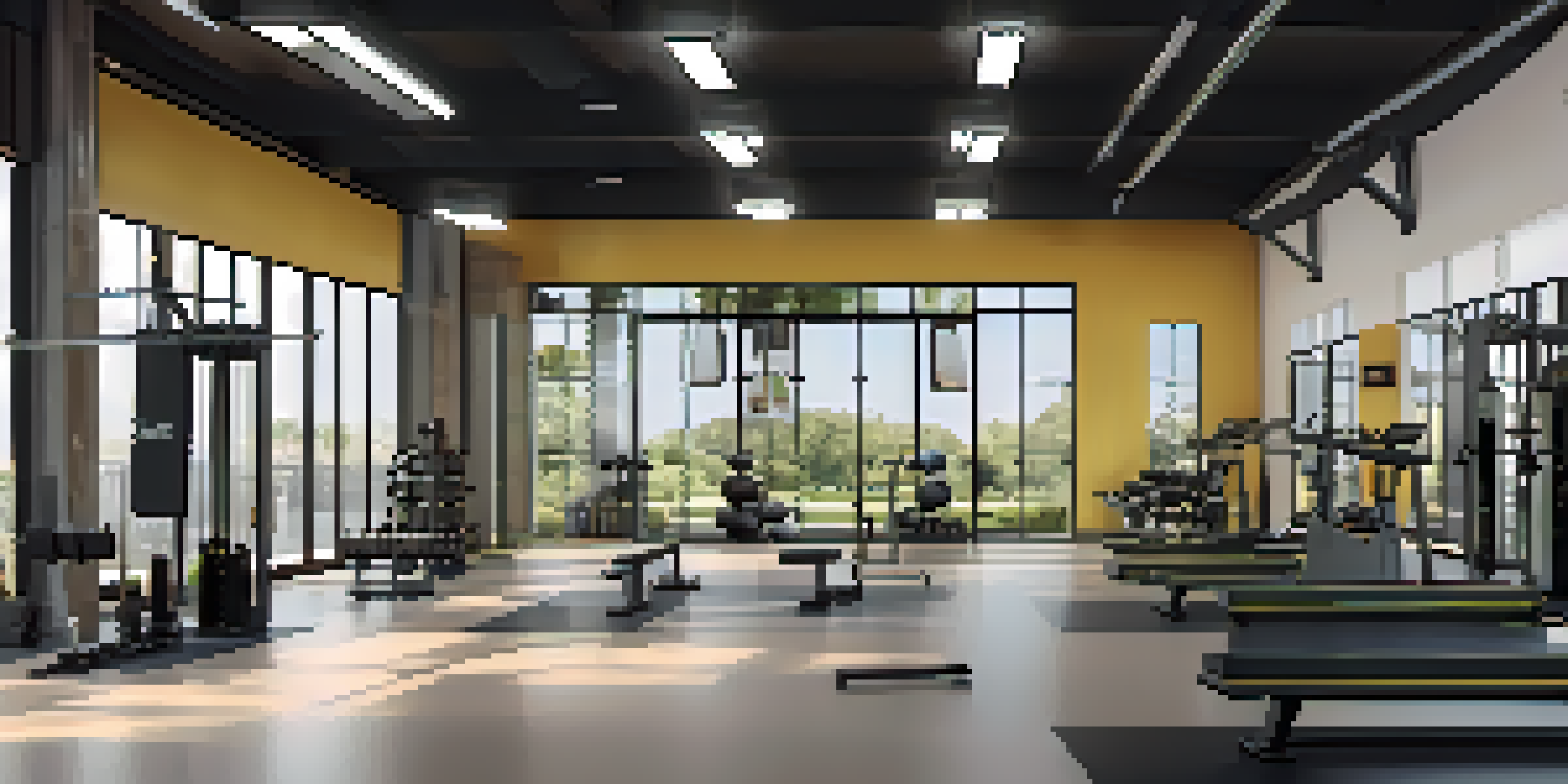 Interior of a modern gym filled with strength training equipment, bright lighting, and motivational quotes on the wall.