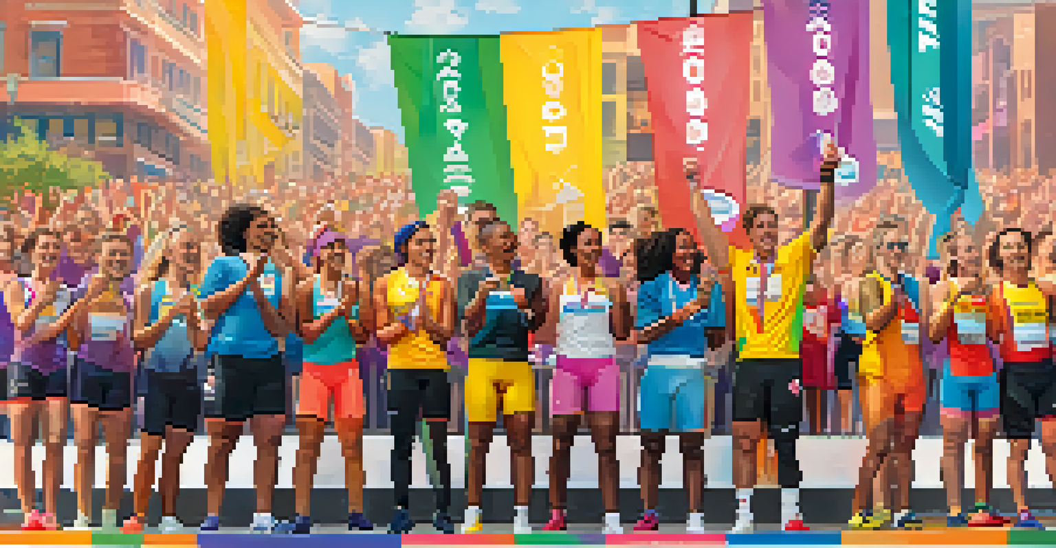 A group of non-binary athletes celebrating on a podium with medals, surrounded by an audience and colorful banners.
