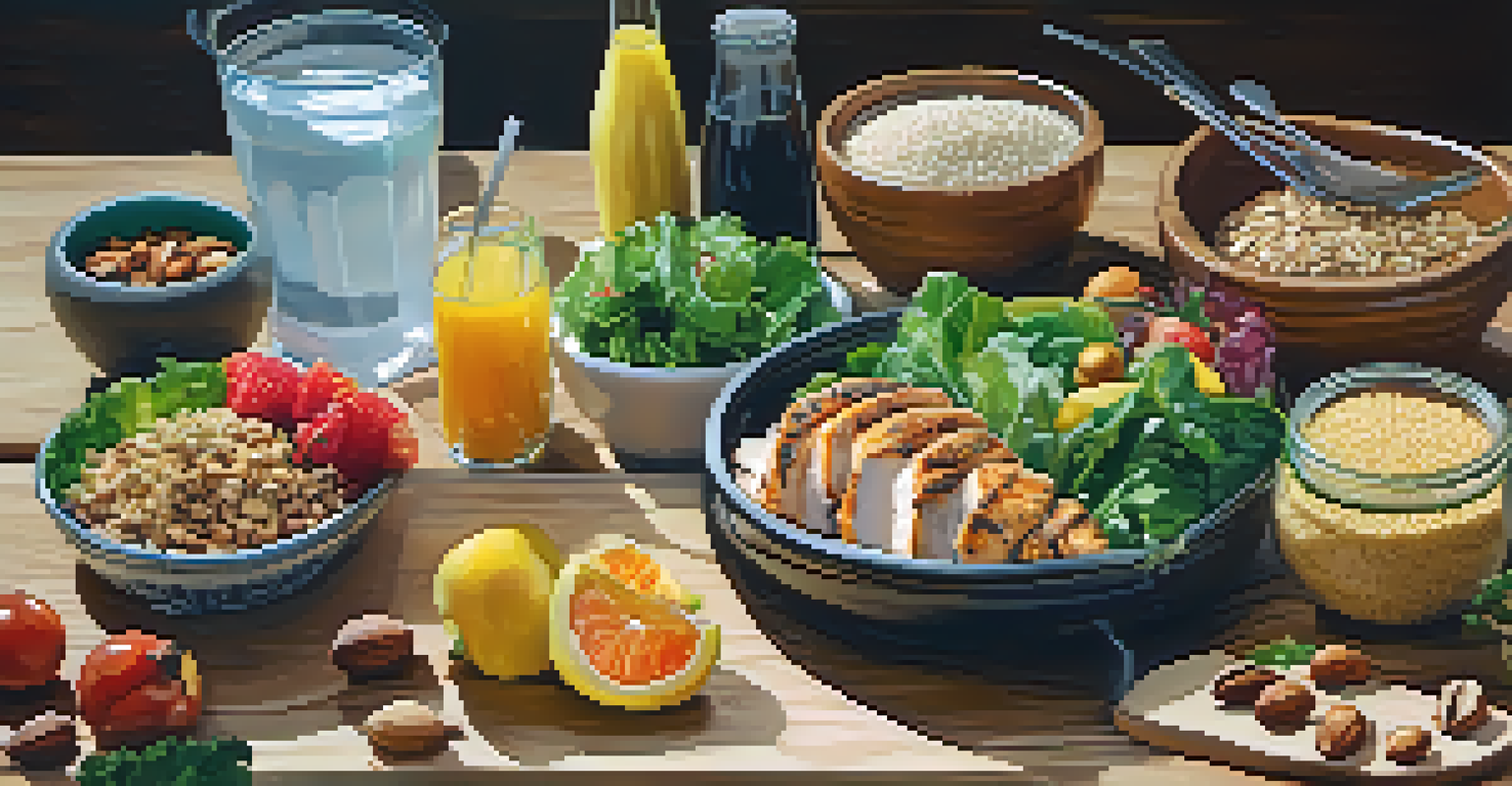 A balanced meal for powerlifters featuring grilled chicken, quinoa, leafy greens, nuts, and fruits on a wooden table.