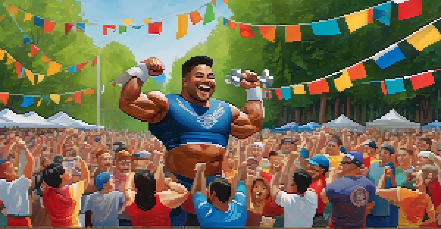 A community powerlifting event outdoors, with lifters celebrating and a diverse crowd cheering, highlighting camaraderie.