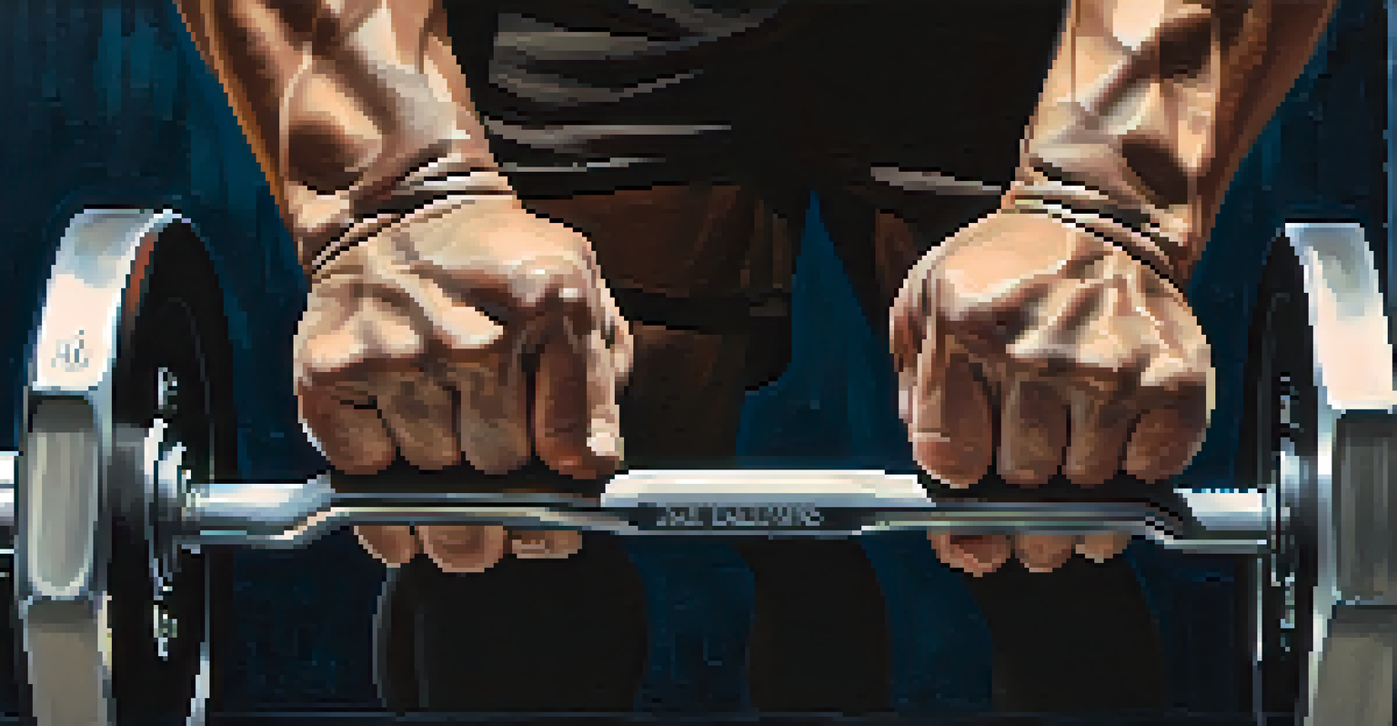 A close-up of a lifter's hands gripping a barbell, focusing on the calluses and strength, with a blurred gym background.